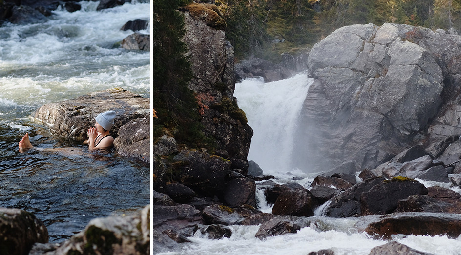 Höstbad vid vattenfall